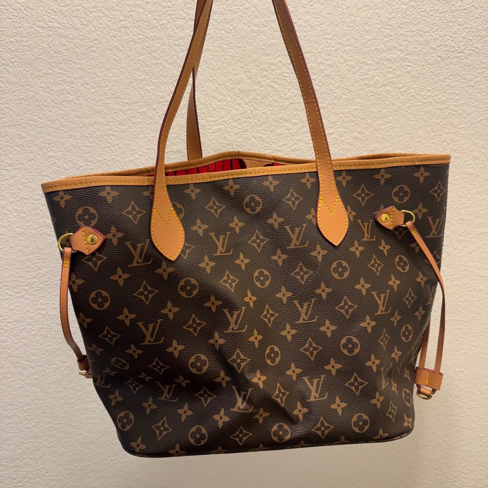 Monogram Tote Bag Brown Coated Canvas Red Striped Interior Gold Hardware